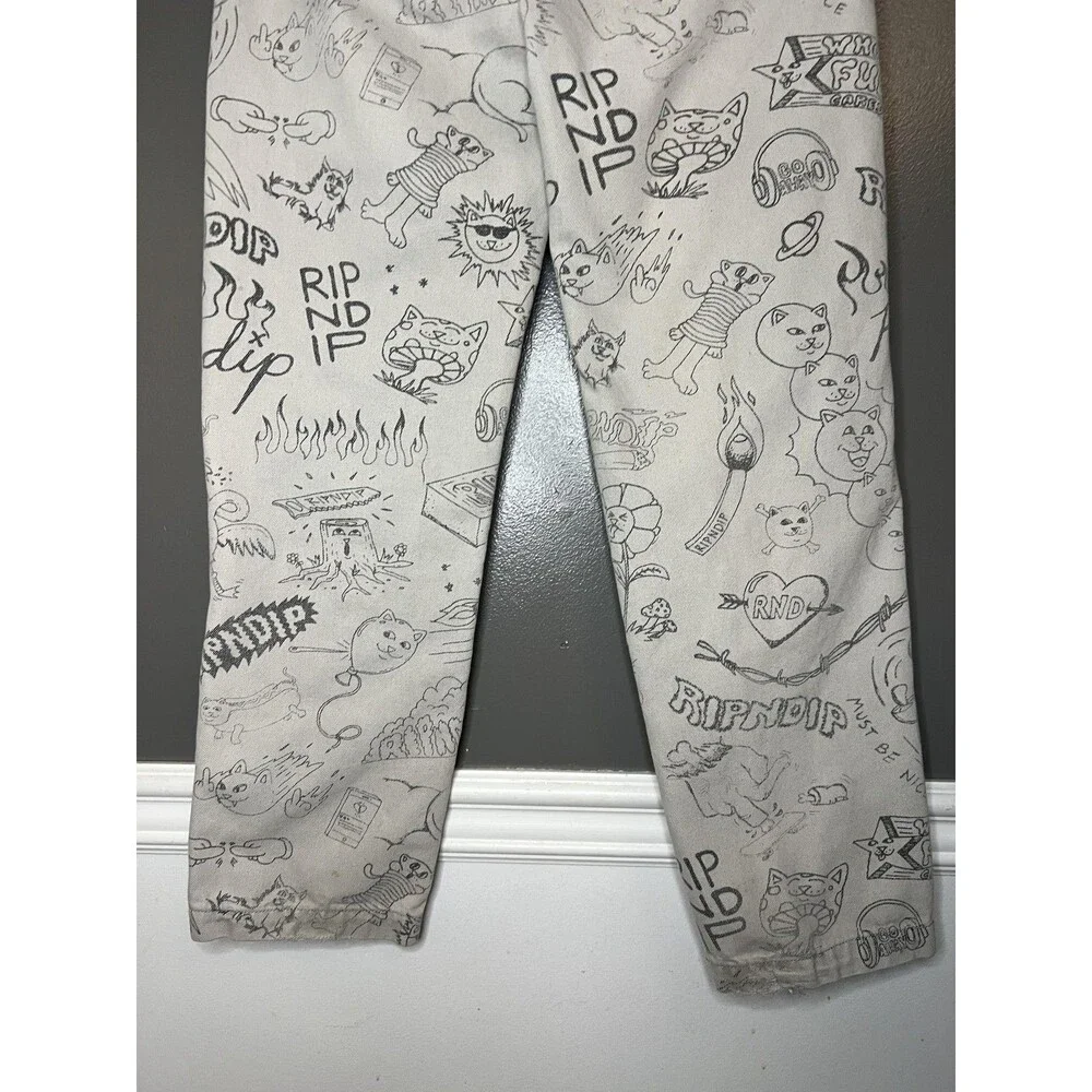 RIPNDIP Jeans Mens 30x28 White All Over Cat Print Straight Leg Denim Pants
